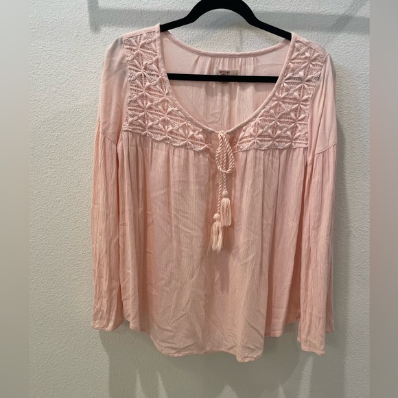 Boho Blush Pink Peasant Embroidered Blouse Soft Girl Cottagecore Tassel Top XS - Picture 2 of 9
